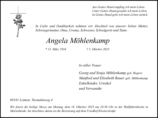 Anzeige von Angela Möhlenkamp von Kölner Stadt-Anzeiger / Kölnische Rundschau / Express