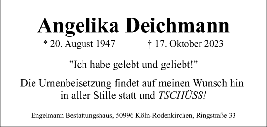 Anzeige von Angelika Deichmann von Kölner Stadt-Anzeiger / Kölnische Rundschau / Express