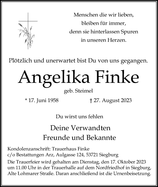 Anzeige von Angelika Finke von Kölner Stadt-Anzeiger / Kölnische Rundschau / Express
