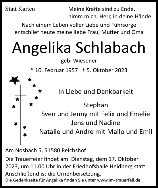 Anzeige von Angelika Schlabach von  Lokalanzeiger 