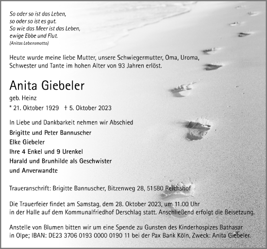 Anzeige von Anita Giebeler von  Anzeigen Echo  Lokalanzeiger 