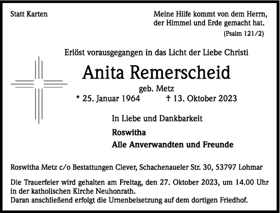 Anzeige von Anita Remerscheid von Kölner Stadt-Anzeiger / Kölnische Rundschau / Express