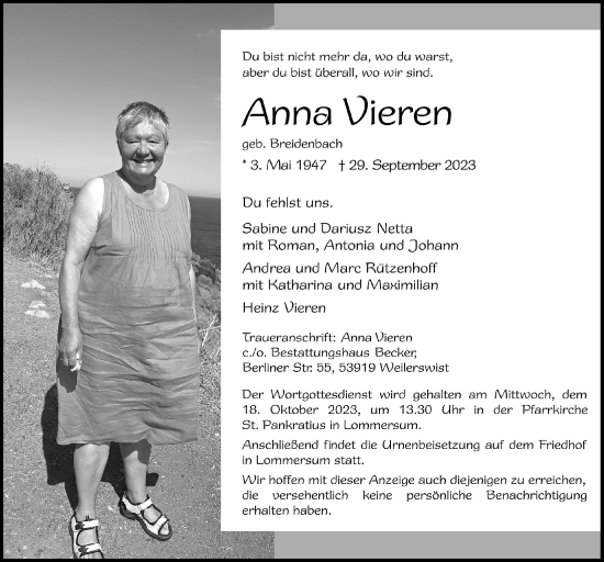 Anzeige von Anna Vieren von  Schlossbote/Werbekurier 