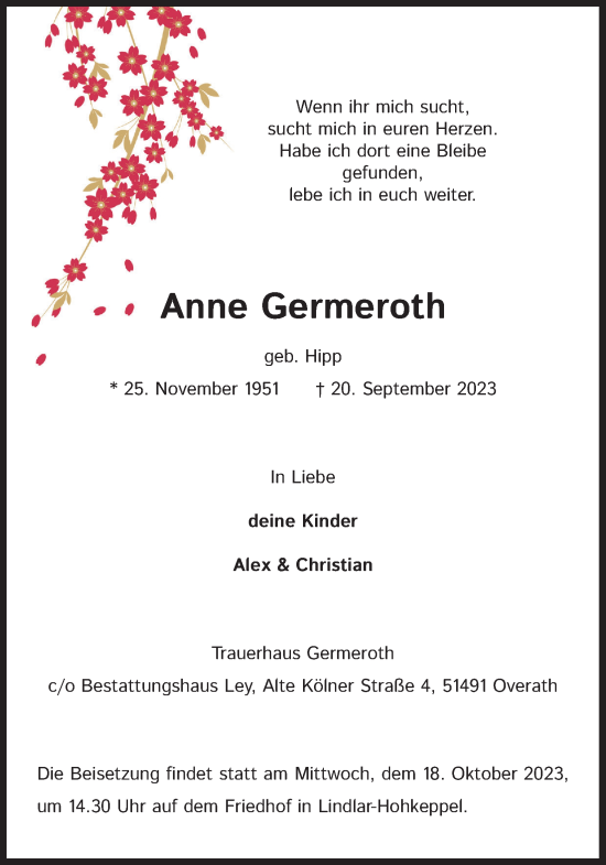 Anzeige von Anne Germeroth von Kölner Stadt-Anzeiger / Kölnische Rundschau / Express