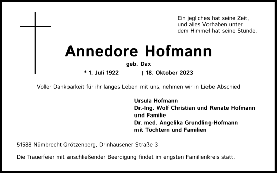 Anzeige von Annedore Hofmann von Kölner Stadt-Anzeiger / Kölnische Rundschau / Express