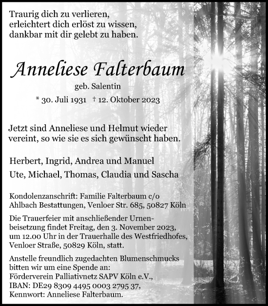 Anzeige von Anneliese Falterbaum von Kölner Stadt-Anzeiger / Kölnische Rundschau / Express