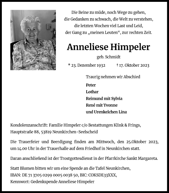 Anzeige von Anneliese Himpeler von Kölner Stadt-Anzeiger / Kölnische Rundschau / Express
