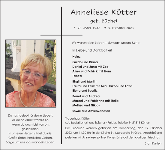 Anzeige von Anneliese Kötter von Kölner Stadt-Anzeiger / Kölnische Rundschau / Express