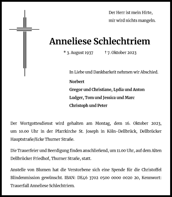 Anzeige von Anneliese Schlechtriem von Kölner Stadt-Anzeiger / Kölnische Rundschau / Express