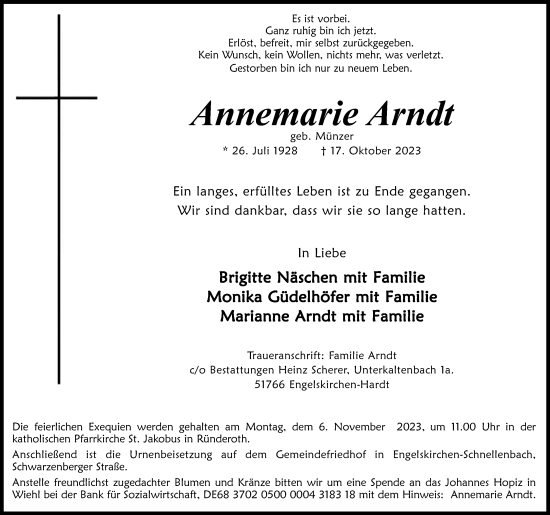 Anzeige von Annemarie Arndt von Kölner Stadt-Anzeiger / Kölnische Rundschau / Express