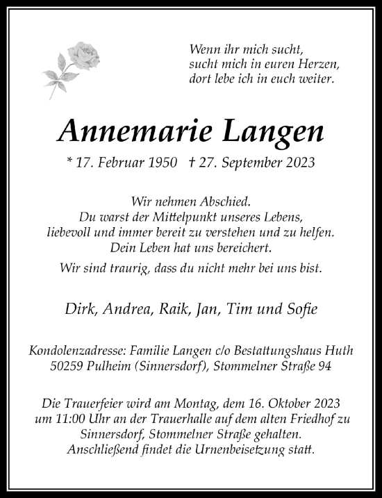 Anzeige von Annemarie Langen von  Wochenende 