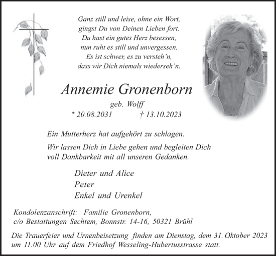 Anzeige von Annemie Gronenborn von  Schlossbote/Werbekurier 