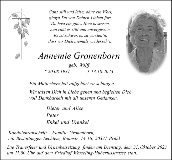 Anzeige von Annemie Gronenborn von  Schlossbote/Werbekurier 