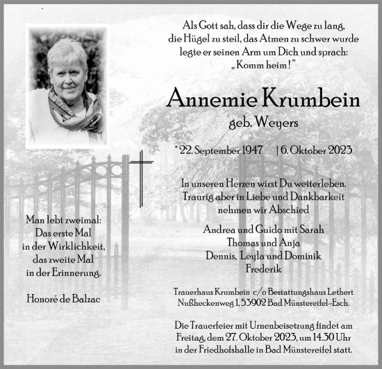 Anzeige von Annemie Krumbein von  Blickpunkt Euskirchen 