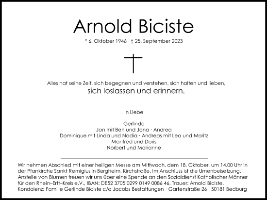 Anzeige von Arnold Biciste von Kölner Stadt-Anzeiger / Kölnische Rundschau / Express