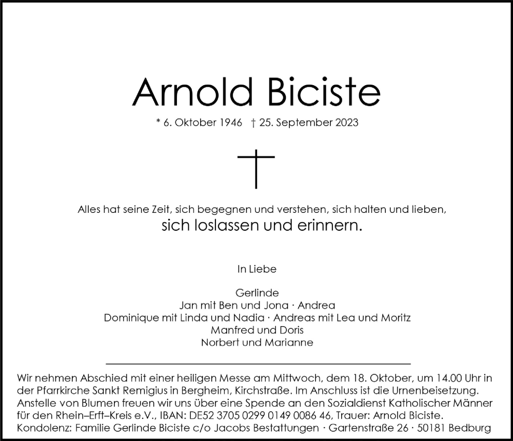  Traueranzeige für Arnold Biciste vom 06.10.2023 aus  Werbepost 