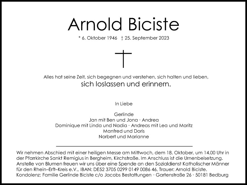  Traueranzeige für Arnold Biciste vom 07.10.2023 aus Kölner Stadt-Anzeiger / Kölnische Rundschau / Express