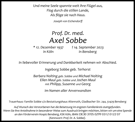 Anzeige von Axel Sobbe von Kölner Stadt-Anzeiger / Kölnische Rundschau / Express