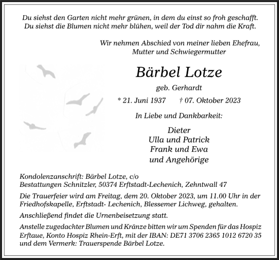 Anzeige von Bärbel Lotze von  Werbepost 