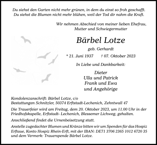 Anzeige von Bärbel Lotze von Kölner Stadt-Anzeiger / Kölnische Rundschau / Express