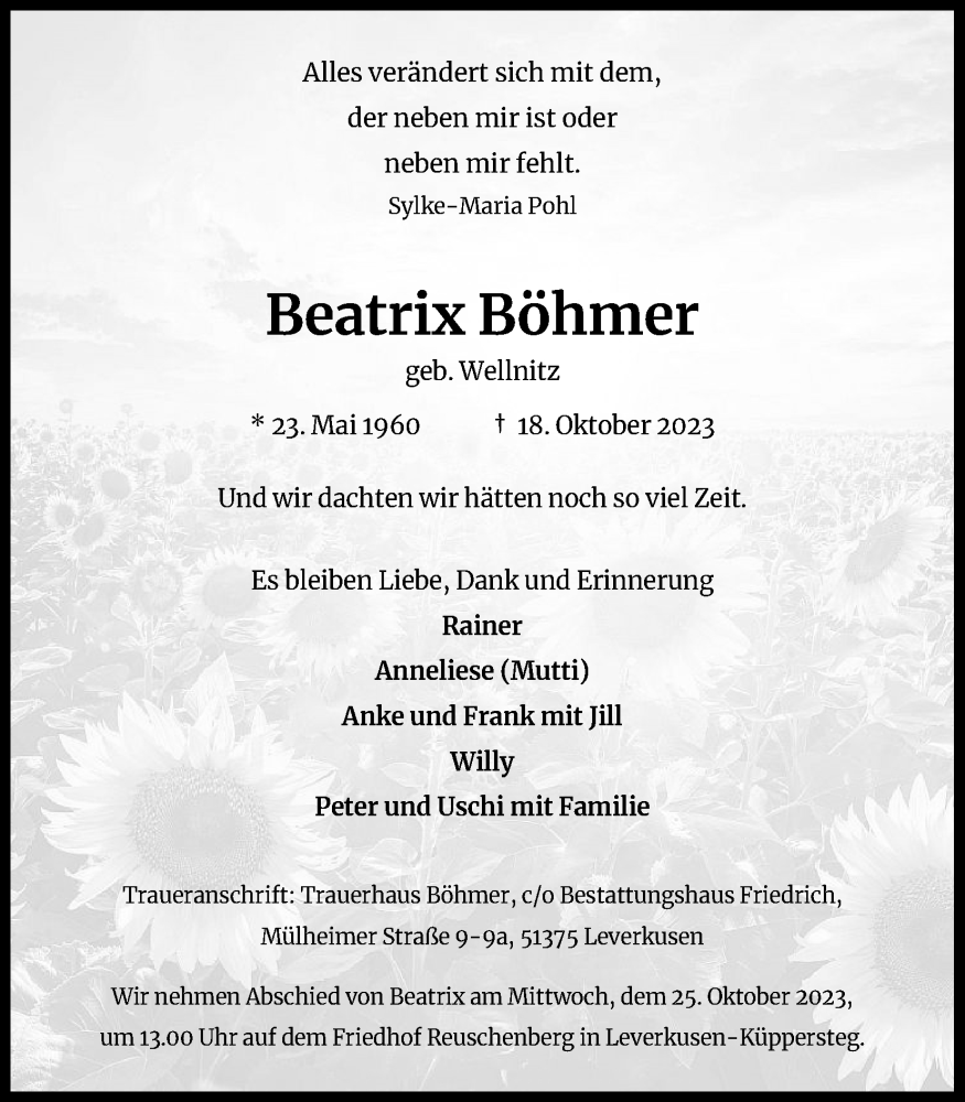  Traueranzeige für Beatrix Böhmer vom 21.10.2023 aus Kölner Stadt-Anzeiger / Kölnische Rundschau / Express