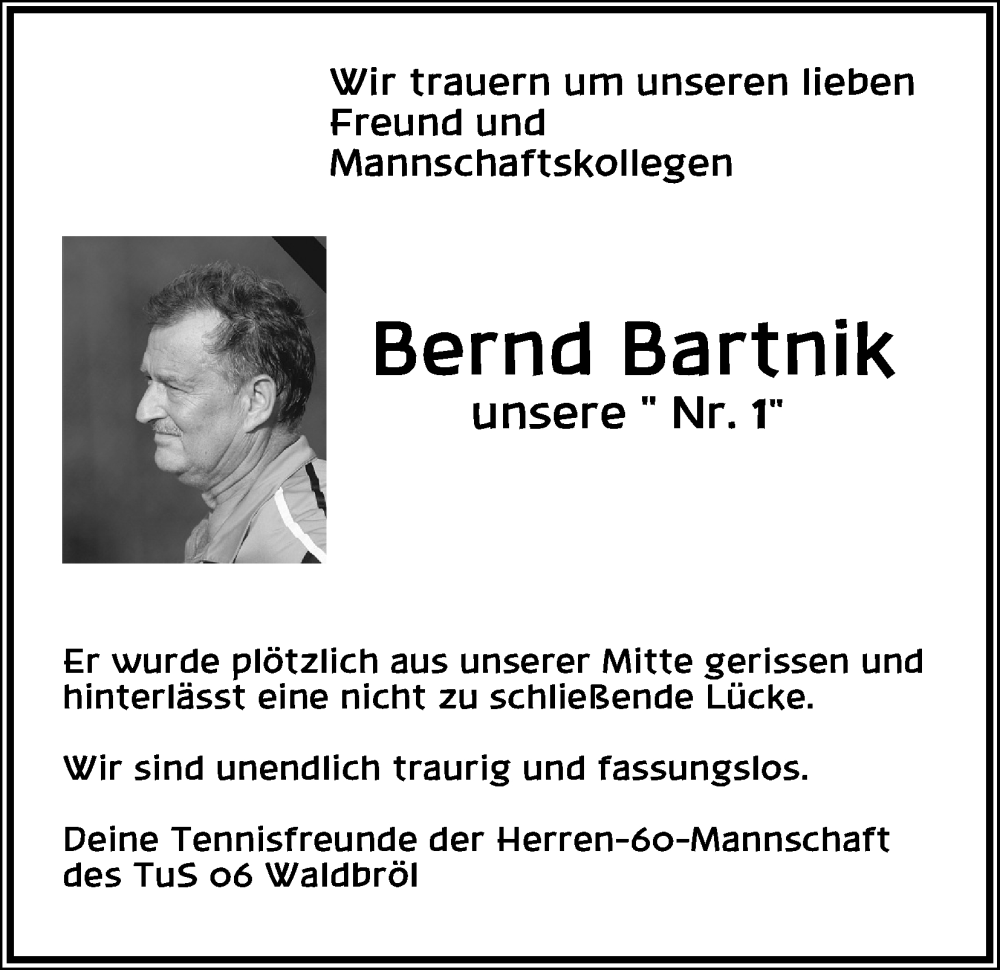 Traueranzeigen von Bernd Bartnik WirTrauern