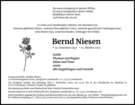 Anzeige von Bernd Niesen von Kölner Stadt-Anzeiger / Kölnische Rundschau / Express