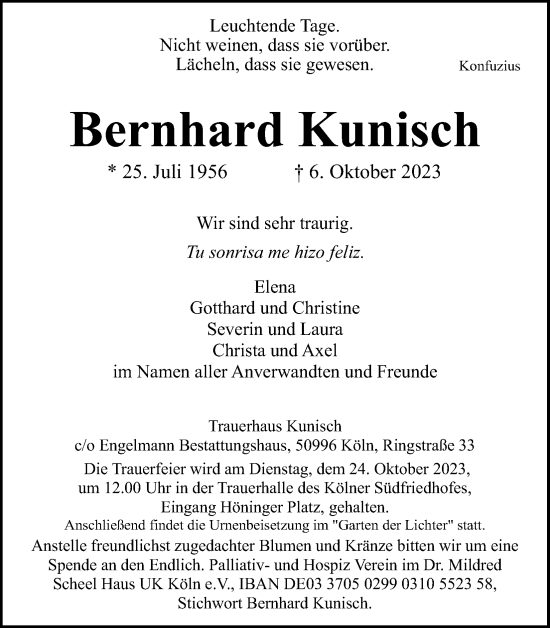 Anzeige von Bernhard Kunisch von Kölner Stadt-Anzeiger / Kölnische Rundschau / Express