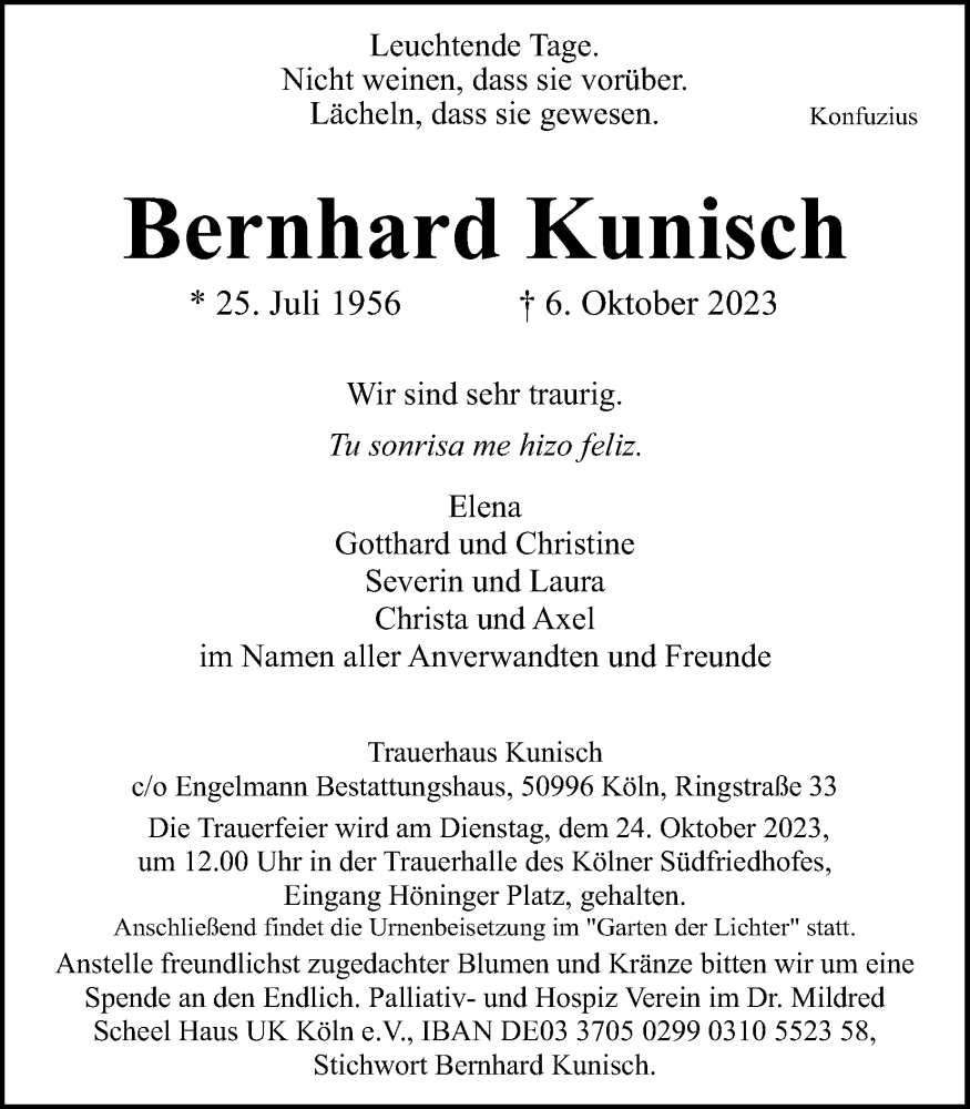  Traueranzeige für Bernhard Kunisch vom 14.10.2023 aus Kölner Stadt-Anzeiger / Kölnische Rundschau / Express