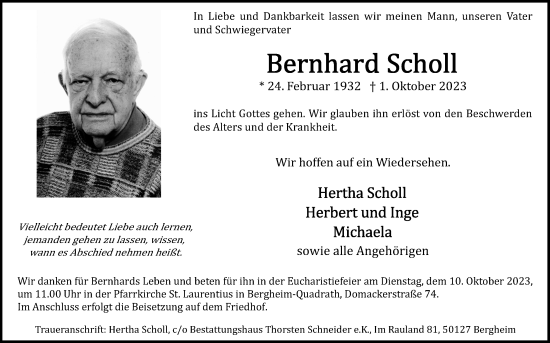 Anzeige von Bernhard Scholl von Kölner Stadt-Anzeiger / Kölnische Rundschau / Express
