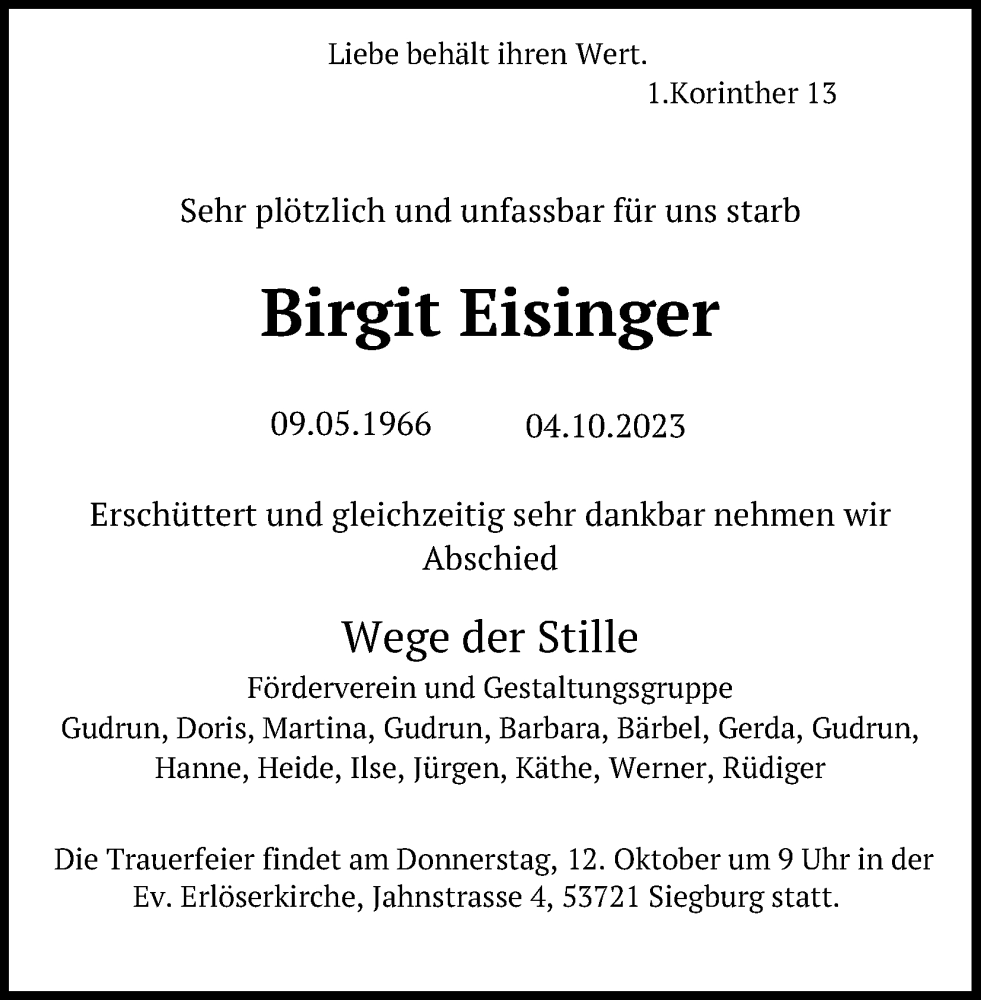  Traueranzeige für Birgit Eisinger vom 09.10.2023 aus Kölner Stadt-Anzeiger / Kölnische Rundschau / Express