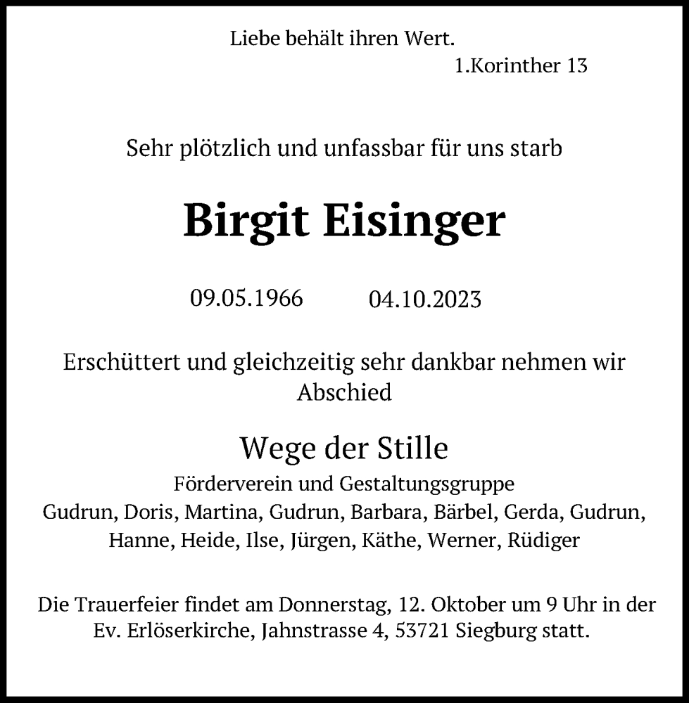  Traueranzeige für Birgit Eisinger vom 09.10.2023 aus Kölner Stadt-Anzeiger / Kölnische Rundschau / Express