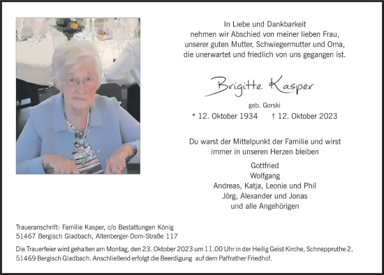 Anzeige von Brigitte Kasper von  Bergisches Handelsblatt 