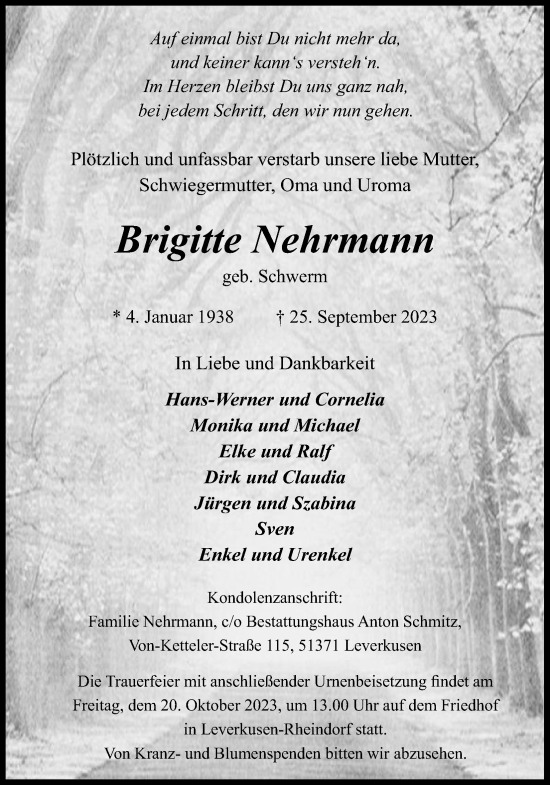 Anzeige von Brigitte Nehrmann von Kölner Stadt-Anzeiger / Kölnische Rundschau / Express