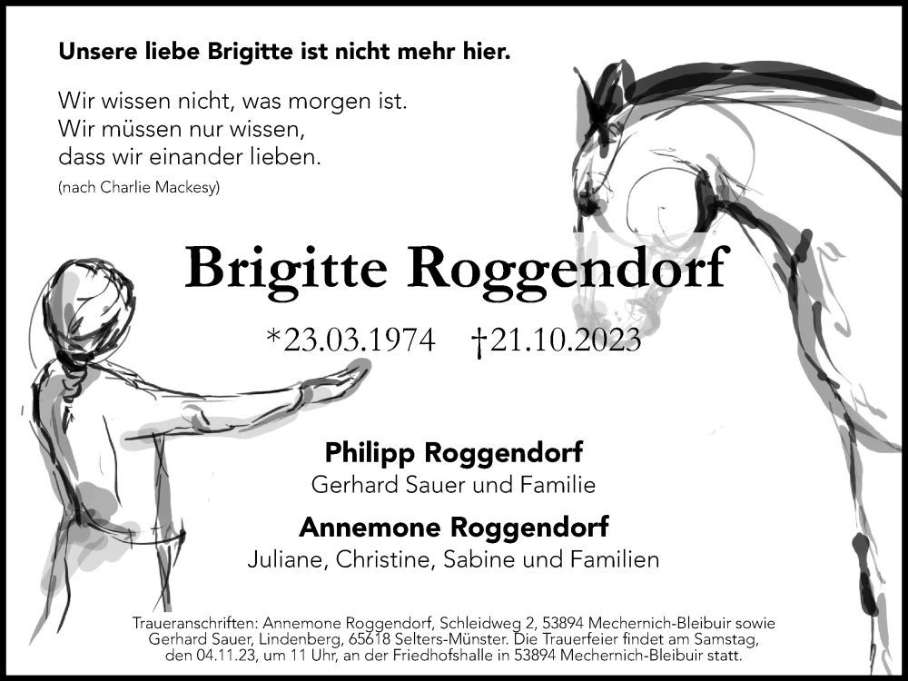  Traueranzeige für Brigitte Roggendorf vom 28.10.2023 aus Kölner Stadt-Anzeiger / Kölnische Rundschau / Express