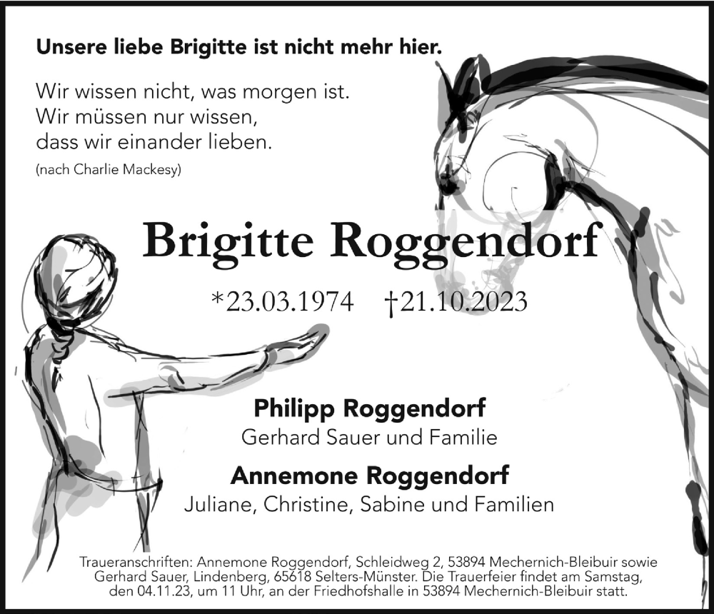  Traueranzeige für Brigitte Roggendorf vom 28.10.2023 aus  Blickpunkt Euskirchen 