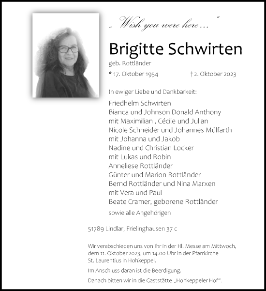 Anzeige von Brigitte Schwirten von Kölner Stadt-Anzeiger / Kölnische Rundschau / Express