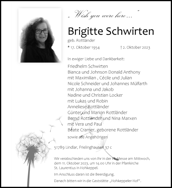 Anzeige von Brigitte Schwirten von Kölner Stadt-Anzeiger / Kölnische Rundschau / Express