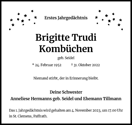 Anzeige von Brigitte Trudi Kombüchen von Kölner Stadt-Anzeiger / Kölnische Rundschau / Express