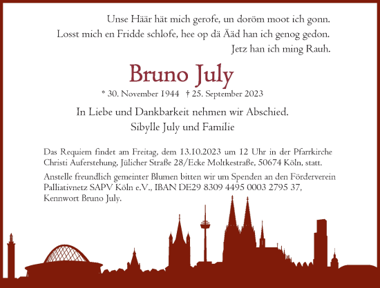 Anzeige von Bruno July von Kölner Stadt-Anzeiger / Kölnische Rundschau / Express