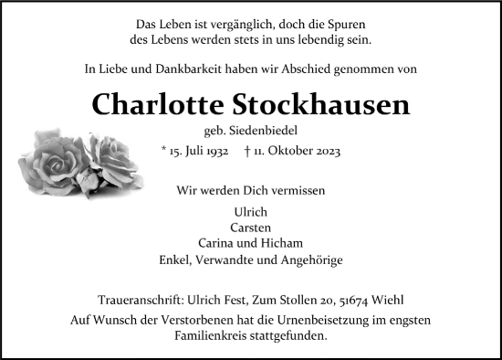 Anzeige von Charlotte Stockhausen von  Anzeigen Echo 
