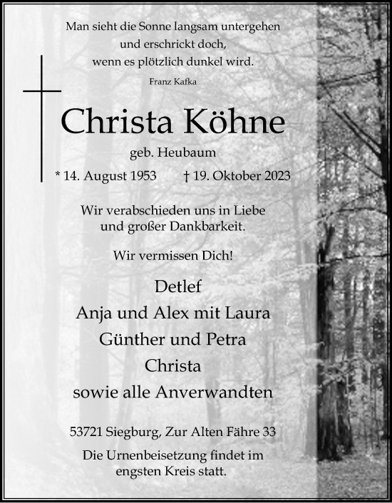 Anzeige von Christa Köhne von Kölner Stadt-Anzeiger / Kölnische Rundschau / Express