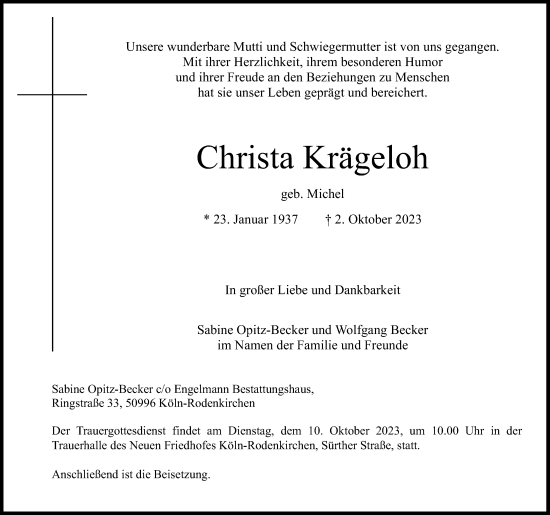 Anzeige von Christa Krägeloh von Kölner Stadt-Anzeiger / Kölnische Rundschau / Express