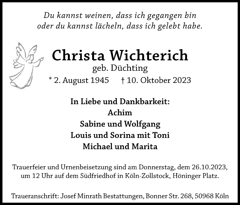  Traueranzeige für Christa Wichterich vom 14.10.2023 aus Kölner Stadt-Anzeiger / Kölnische Rundschau / Express
