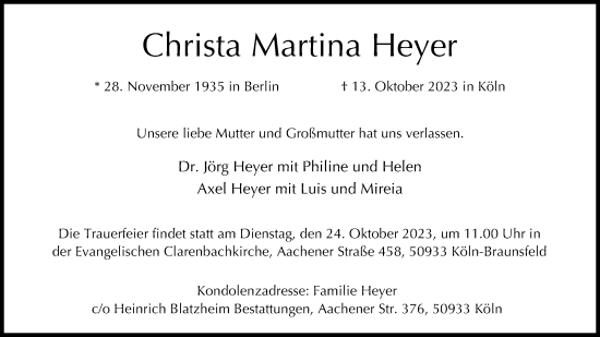 Anzeige von Christa Martina Heyer von Kölner Stadt-Anzeiger / Kölnische Rundschau / Express
