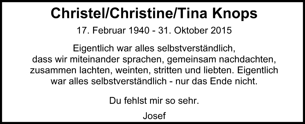  Traueranzeige für Christel Knops vom 18.07.2023 aus Kölner Stadt-Anzeiger / Kölnische Rundschau / Express