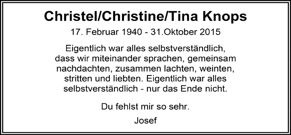  Traueranzeige für Christel Knops vom 18.07.2023 aus  Werbepost 