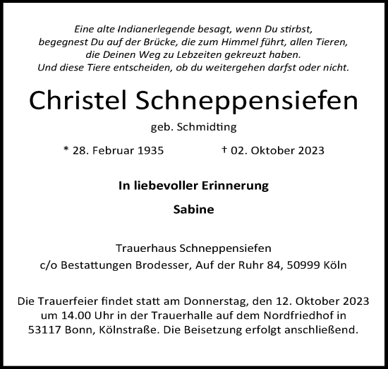 Anzeige von Christel Schneppensiefen von Kölner Stadt-Anzeiger / Kölnische Rundschau / Express