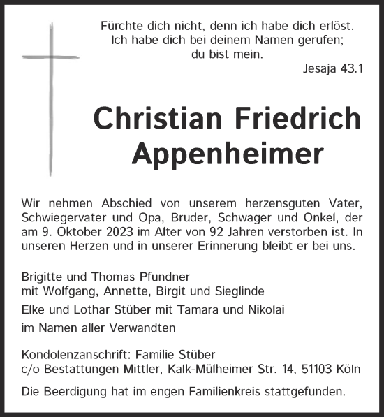Anzeige von Christian Friedrich Appenheimer von  Werbepost 