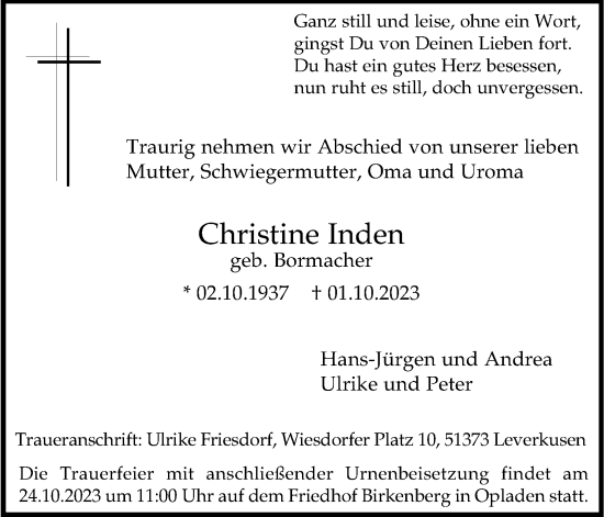 Anzeige von Christine Inden von Kölner Stadt-Anzeiger / Kölnische Rundschau / Express